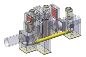  → Cascade/flushing/constriction weir (Uhrig); left: cascade weir structure; right: precast element 