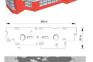  Konstruktion eines fugenlosen Hochbaus mit Beanspruchungen durch monotone Zwangeinflüsse – Bereiche risserzeugender Zugspannungen (aus [3]) 