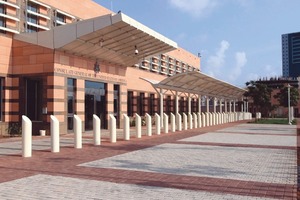  The outdoor space in front of the United States of America’s Consulate General in Mumbai built with concrete floor pavers from Super Tiles &amp; ­Marble is one of numerous reference objects 