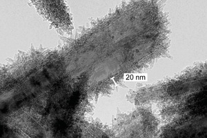  Abb. 1 Photokatalytische Farbpigmente: mit TiO2-Kristallen beschichtete Eisenoxidgelb-Partikel (ca. 20 mm dick). 