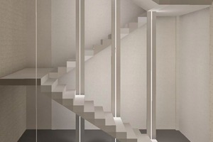  The LED stripes are placed ­vertically on the supporting concrete pillars of the stairwell 