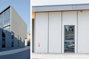  Großformatige Fassadenplatten des St. Leonhard Gymnasiums in Aachen (links) und des Wirtschaftsgebäudes „SchieferErlebnis“ in Dormettingen (rechts) 