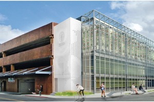  The collage shows (clockwise) the Vertical ­Harvest project, a vertical, urban greenhouse in Wyoming; the installation of the Ceiltec floor with integrated building services and a precast concrete floor with sound absorption 