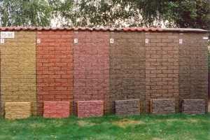  → 1 Concrete masonry blocks colored with Bayferrox iron oxide pigments exposed 25 years to outdoor weathering  