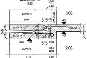  Die Zeichnung zeigt den Schnitt durch die Anschlussdetails zwischen Balkonplatte und Vordach. Eingesetzt wurden der Isokorb KXT sowie KXT-HV 