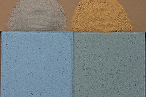  Hier wird der Einfluss der Sandfarbe auf die Betonsteinfarbe dar­gestellt: beide Steine ­wurden mit Scholz-­Kobaltblau G2727 ­eingefärbt. Die gelbe Sandfarbe (rechts) ­bewirkt ­zusammen mit der blauen Pigment­farbe eine Grünfärbung des Pflastersteins 