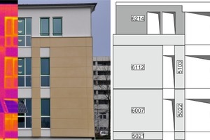  Beispielhafte Darstellung einer Stahlbeton- Sandwichfassade; links: Thermogramm, Mitte: Foto, rechts: Elementplan der Fassade 