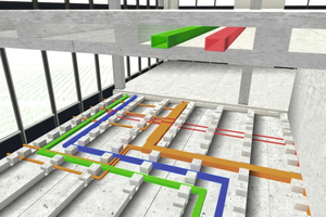  Schematic presentation of the hollow floor space and the arrangement of the various piping systems within the hollow space 