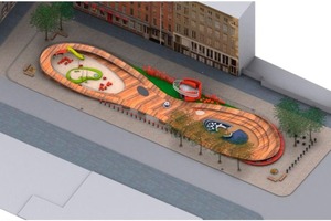  Architektenzeichnung Mit seiner Schiffsform soll der neue Imagination Playground an die ursprüngliche Nutzung des Geländes als Hafen er-innern.   