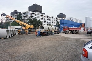  The reinforced-concrete jacking pipes of ND 1400/OD 1700. In the background, the Göttingen University Clinic 