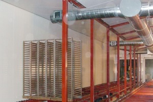 Abb. 2 Innenansicht mit leerem Gestell, interner Rollenbahn, Stahlstützaufbauten, schräger Dachkonstruktion und hoch liegenden Abzugsrohren. 