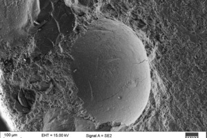  REM-Aufnahmen einer Gesteinskornoberfläche mit Anreicherungen von Calciumhydroxid (a) und Ettringit (b) in der Kontaktzone 