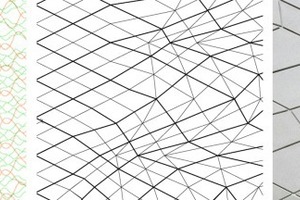  Von der künstlerischen Idee zur zertifizierten Bauart: a- Sicherheitsmuster (links), b- Punktnetz (Mitte), c- Hochleistungsbeton (rechts) 