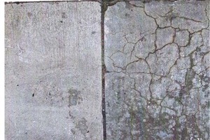  Beton-Fahrbahndecke zweier unmittelbar nebeneinanderliegender Platten aus nicht (links) bzw. stark (rechts) AKR-geschädigtem Beton (Alter ca. 12 Jahre; Oberflächen im Winter mit Tausalz behandelt).  