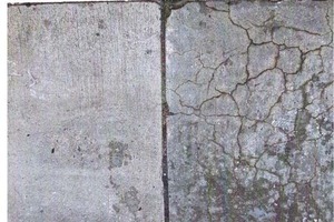  Concrete road deck of two immediately adjacent slabs from undamaged (left) and/or heavily damaged concretes (age approx. 12 years, surfaces treated with de-icing salt in winter).  