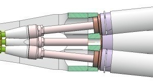  The sectional view illustrates the special design of the stressing jacks with external pressing grips 