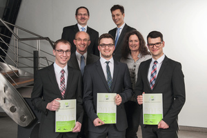  Outstanding graduation projects were awarded the Schöck Building Innovation Prize 2015 at the Industry Forum in Ulm (front row, from left to right): Josef Landler, Adrian Siess and Jens Hartje 
