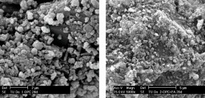  SEM pictures of micro structures of OPC at different hydration ages and with different admixtures; page 1, left: OPC, 1 day hydrated, right: OPC, 28 days hydrated; page 2, left: OPC+FA, 28 days hydrated, right: OPC+FA+CH, 28 days hydrated 