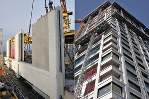  Wohnhochhaus Zölly-Tower, Zürich. Detail eines Fassadenelements – Gebäude bei der Montage 