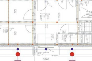  Rechenzentrum, Ausschnitt Grundriss mit Lage der Fundamenterder (Rot) und Blitzschutzleitungen (blau) 