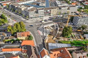  Die Luftaufnahme zeigt die fünfeckige Grundrisskonzeption des Stadtquartiers 